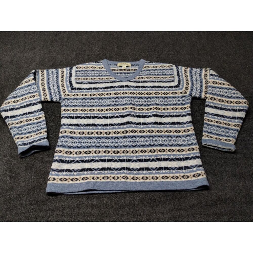 Cabelas Sweater Adult Large Blue 100 %‎ Lambswool Wool Fair Isle V Neck Soft